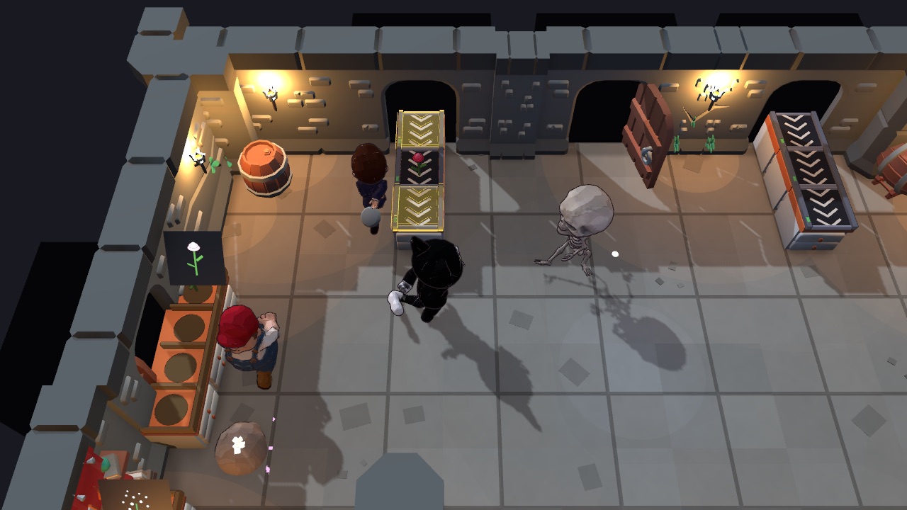 A skeleton walks out of a dungeon doorway while the crew unloads the chute