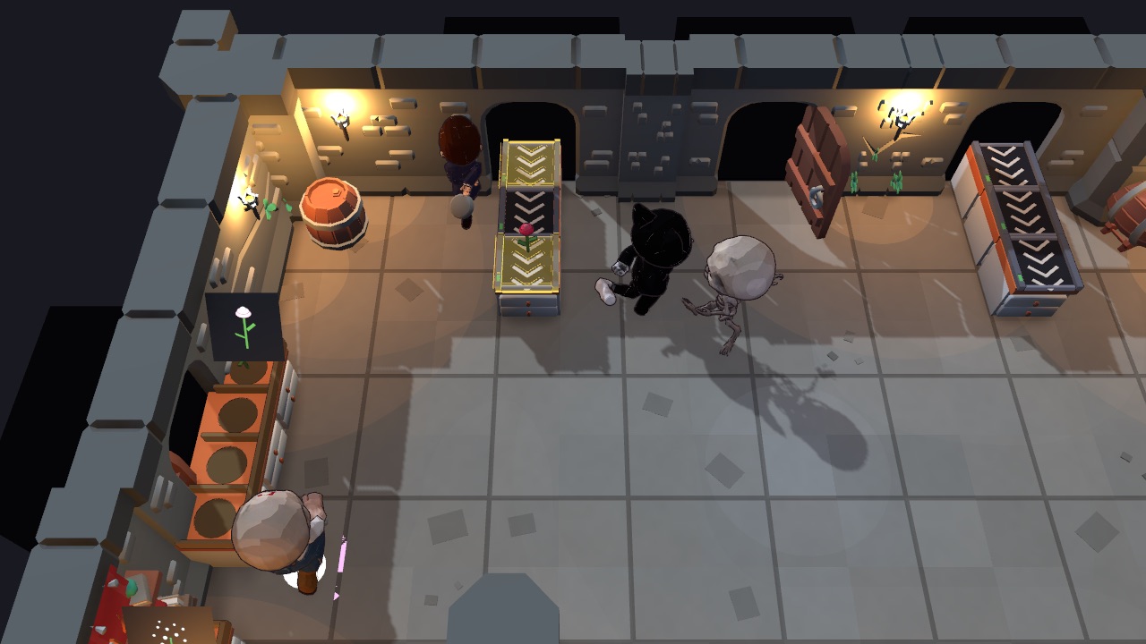 The cat chef chases a skeleton thief across the cellar