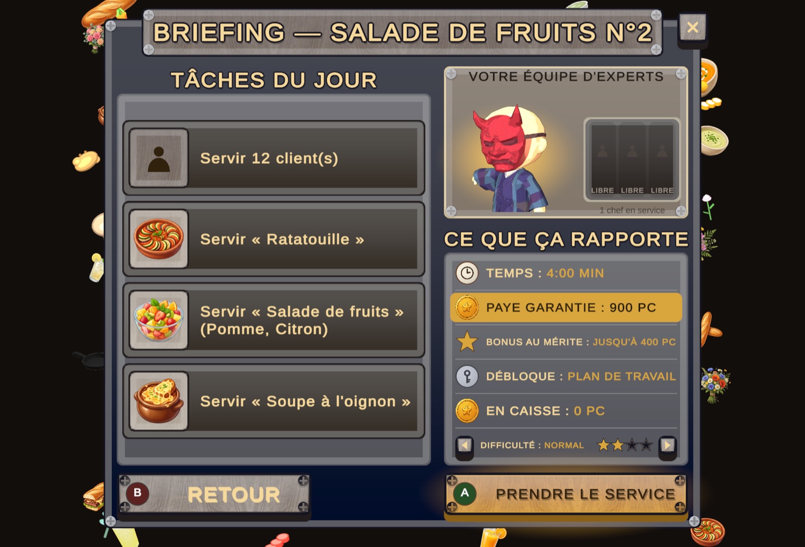 Briefing screen: the day's orders, the crew and the payout