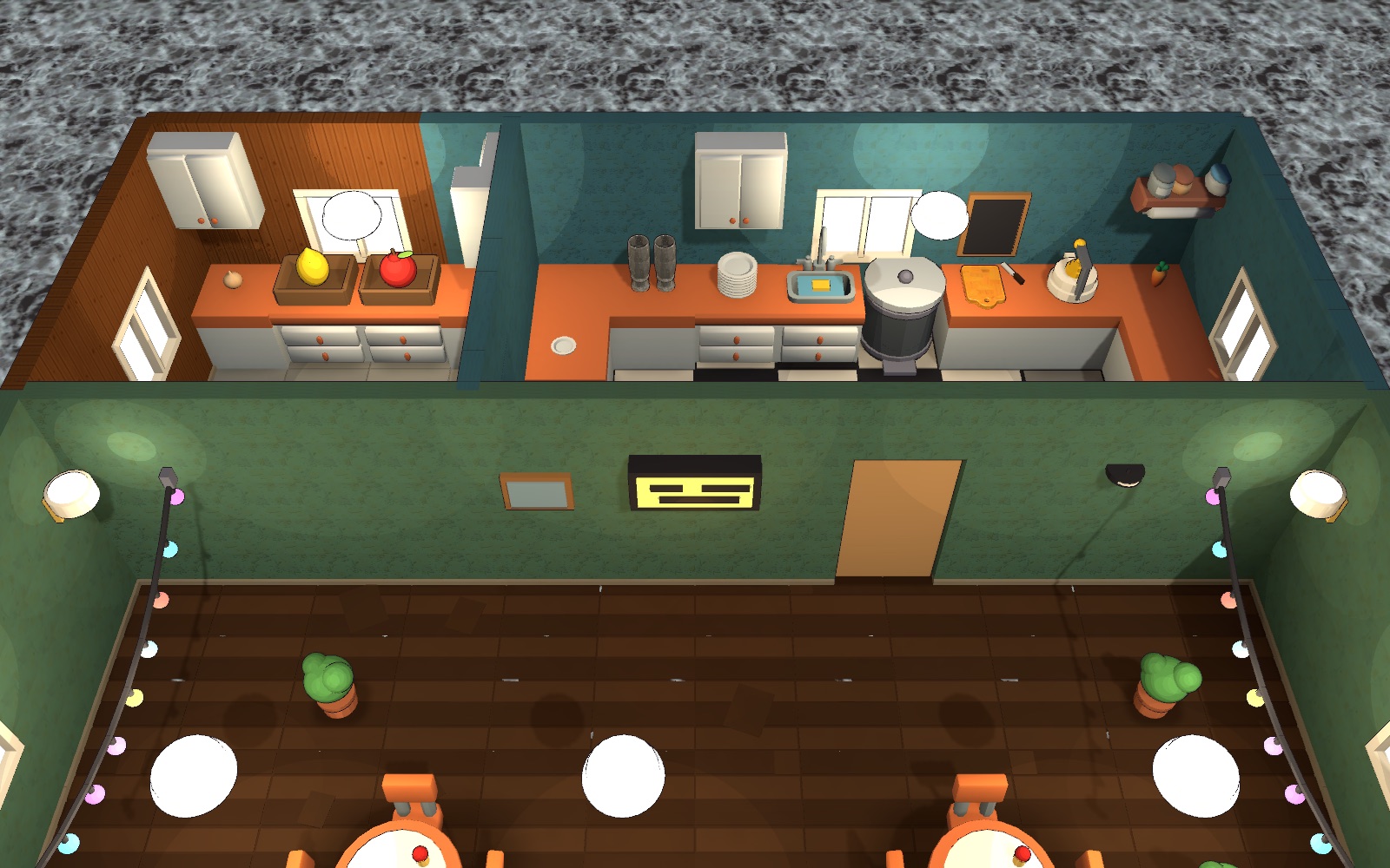 A shop cut open: kitchen behind, dining room in front