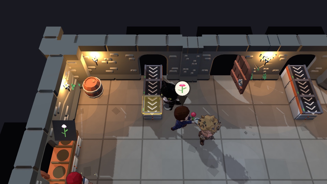 The district boss stands face to face with a crew member holding a rose